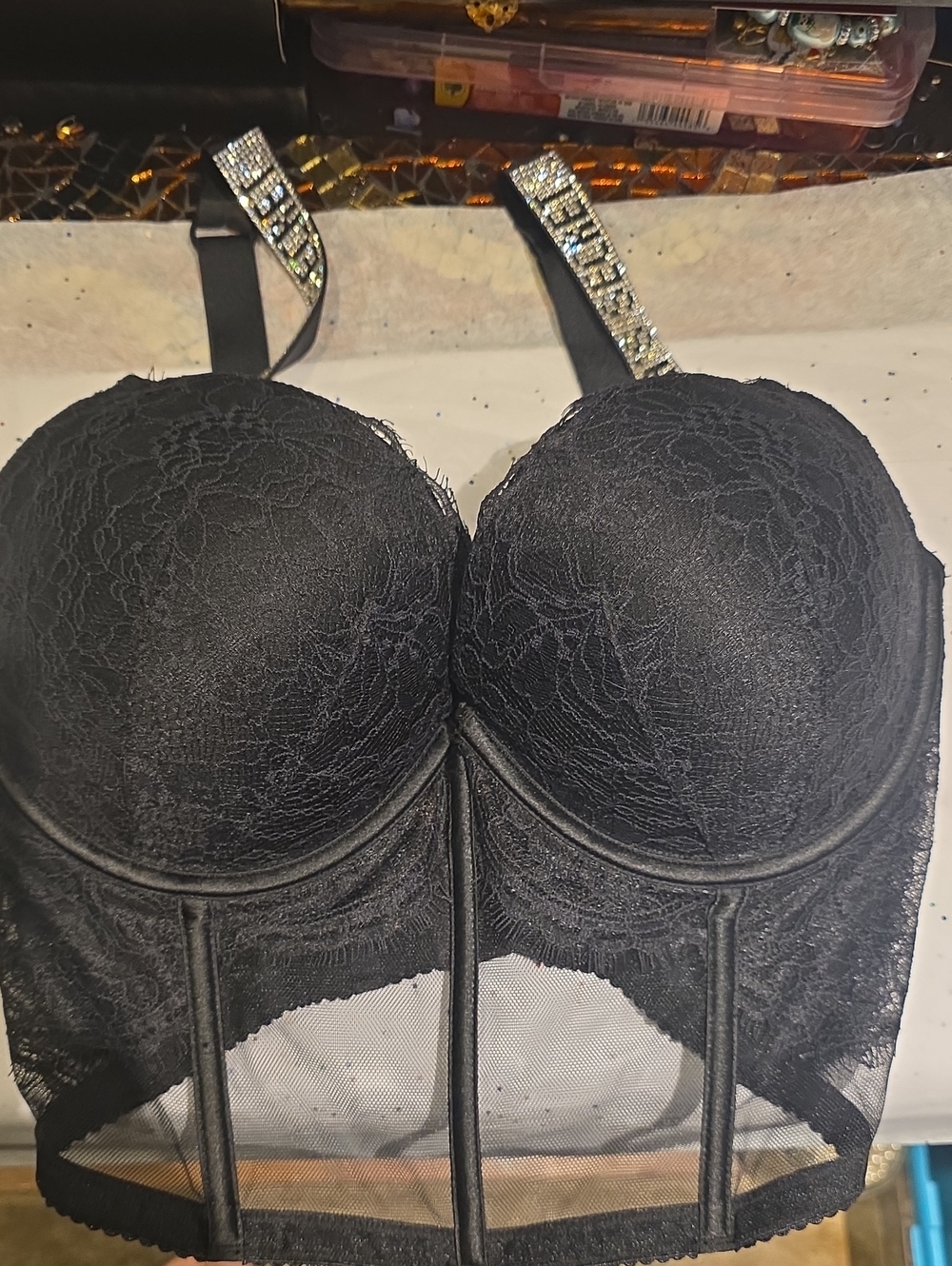 Victoria's Secret Black Lace Longline Bustier with Rhinestone Straps